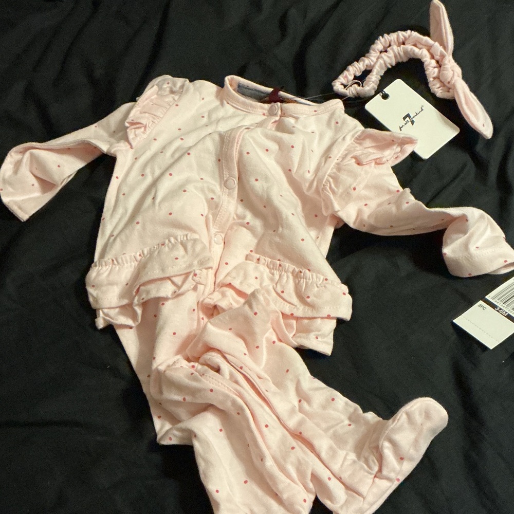7 For All Mankind Baby Pink Ruffle Footed Romper with Headband